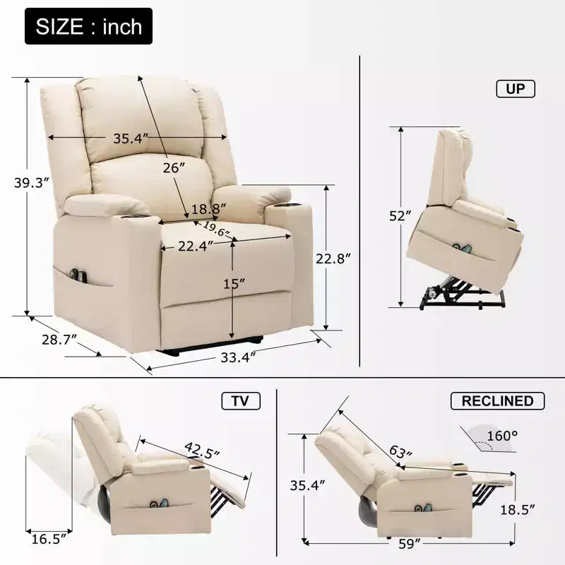 COMHOMA Massage Recliner Chair PU Leather Sofa Power Lift Chair Cream White