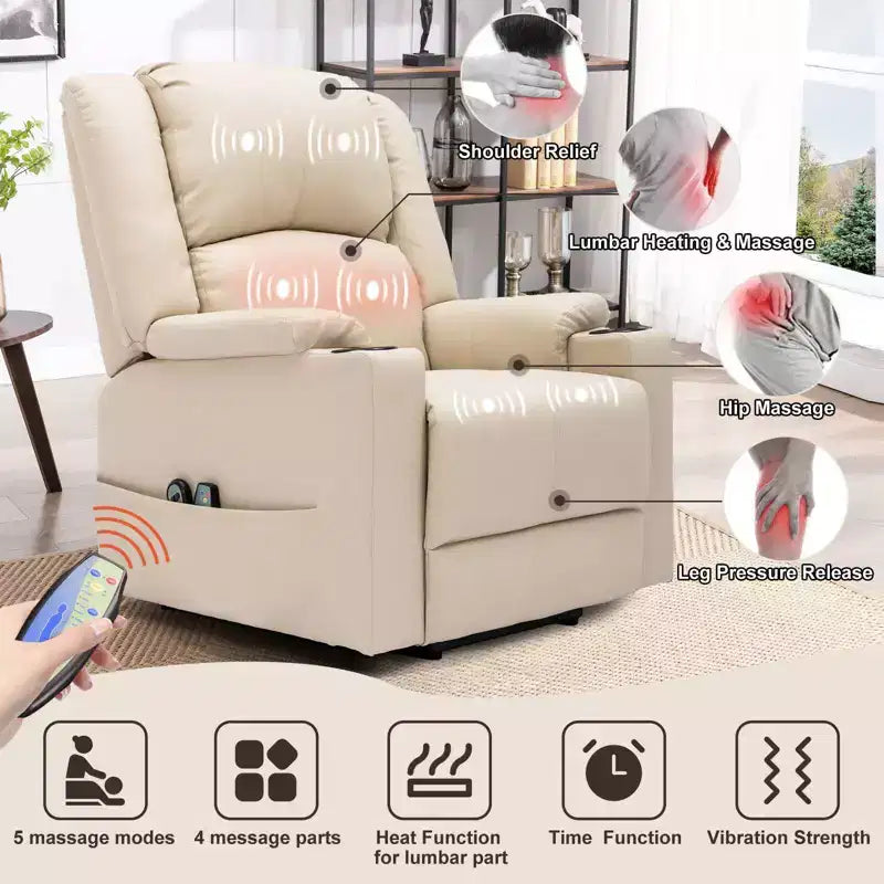 COMHOMA Massage Recliner Chair PU Leather Sofa Power Lift Chair Cream White