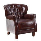 30" Brancaster Accent Chair Vintage Brown/Aluminum - Acme Furniture: Leather Upholstery, Tufted, No Assembly Required