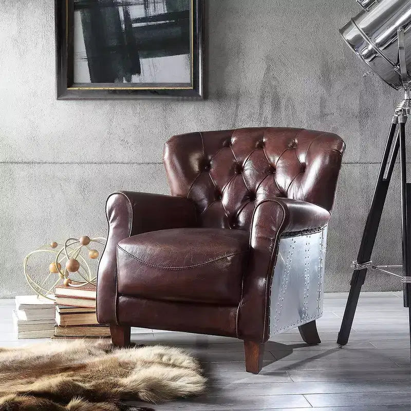 Poltrona Brancaster 30" Marrone Vintage/Alluminio - Acme Furniture: Rivestimento in pelle, capitonné, nessun montaggio richiesto