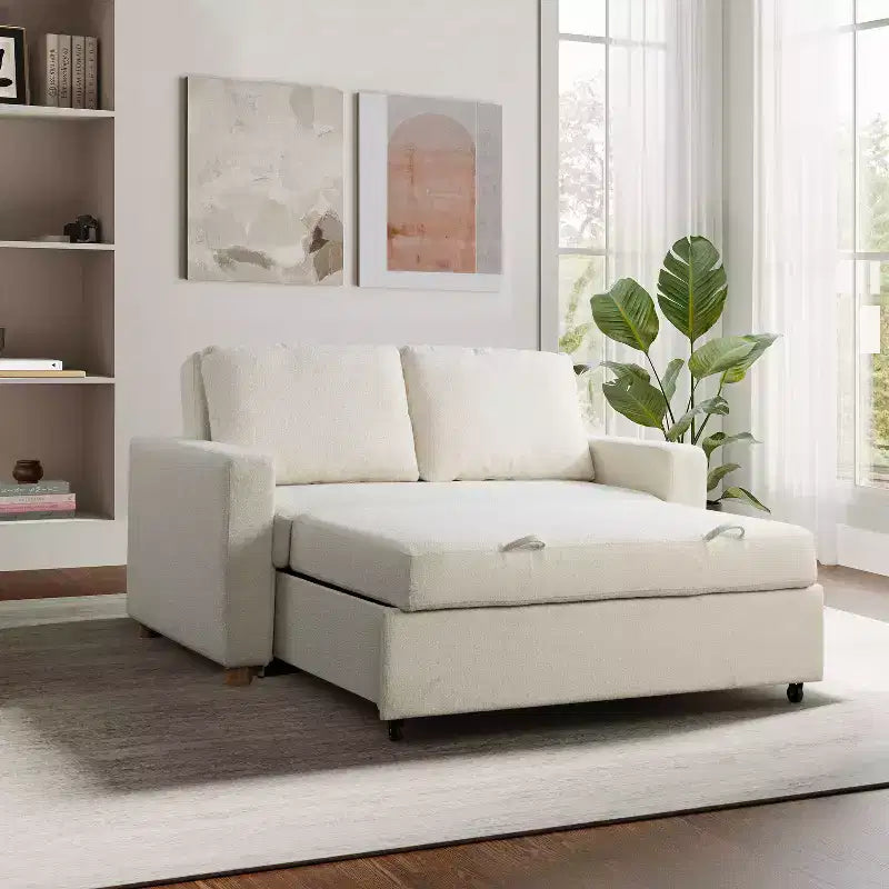 Divano Convertibile Serta Aurora Bouclé Avorio: Chaise Longue e Letto Matrimoniale, Molle Insacchettate, Gambe in Legno di Gomma