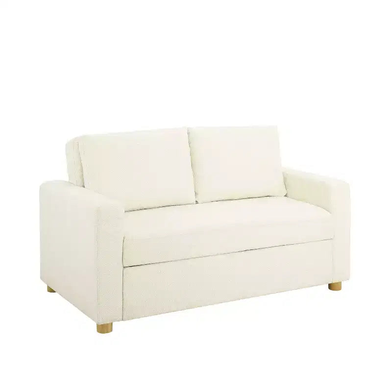 Serta Aurora Convertible Sofa Ivory Boucle: Lounger & Full Bed, Pocket Coils, Rubberwood Legs