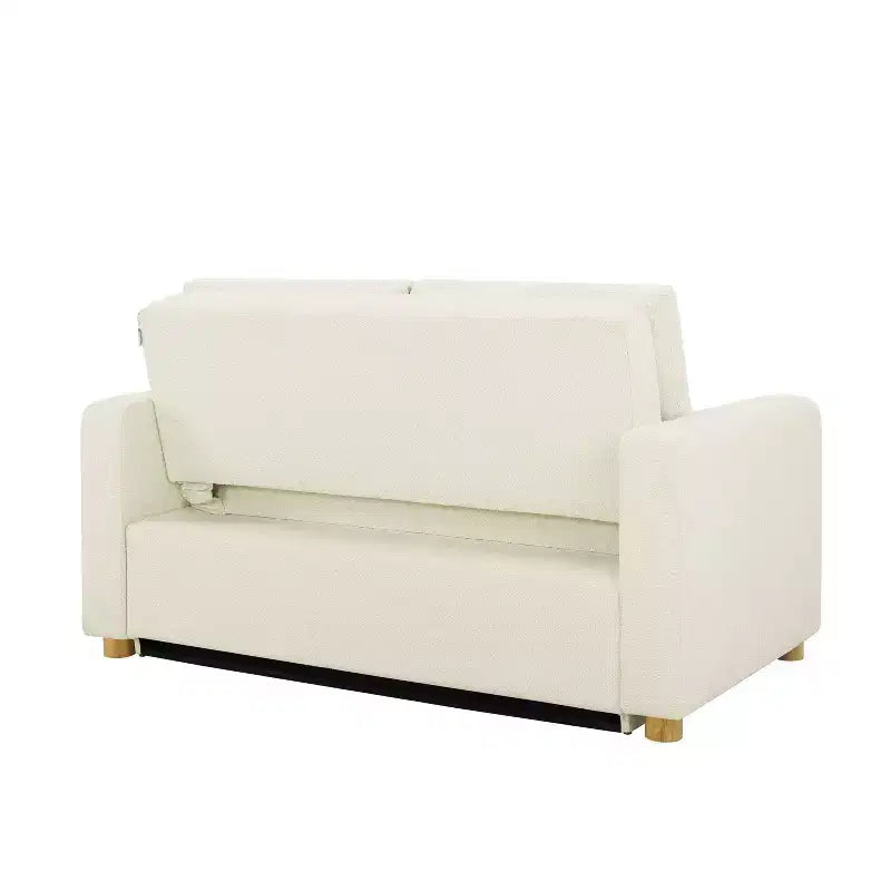 Serta Aurora Convertible Sofa Ivory Boucle: Lounger & Full Bed, Pocket Coils, Rubberwood Legs