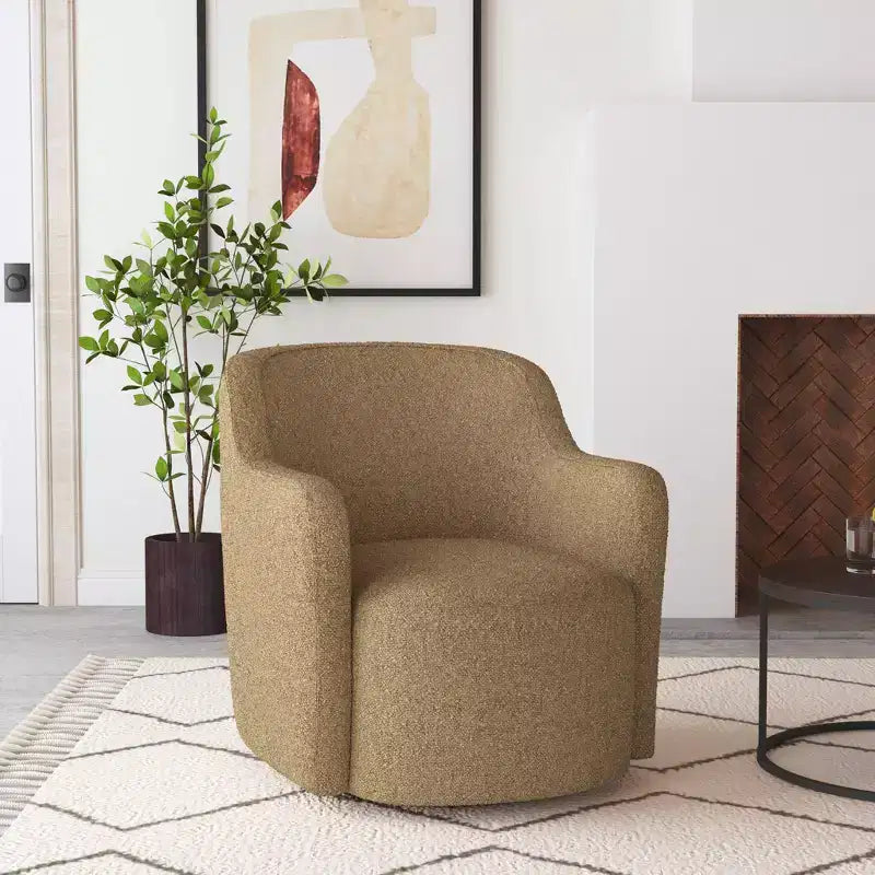 Poltrona girevole accentata HomePop imbottita, color cammello chiaro