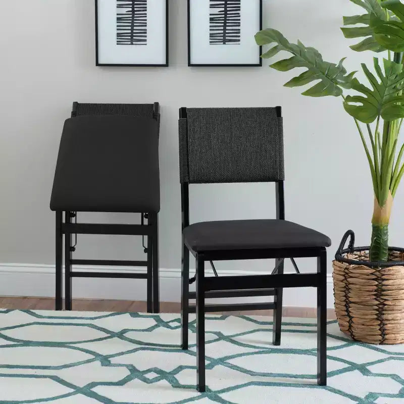 Set di 2 sedie pieghevoli moderne di metà secolo Linon Thames con schienale in corda e seduta imbottita, colore nero: legno di gomma, rivestimento in poliestere, nessun assemblaggio richiesto