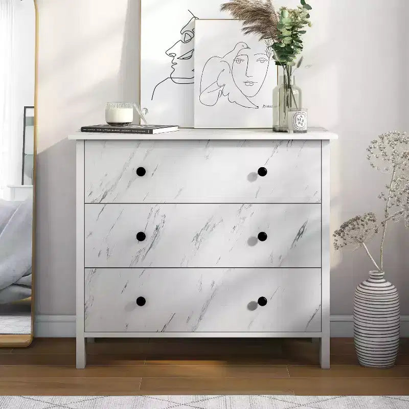Fichte Transitional 3 Drawer Faux Marble Dresser White Marble - miBasics: Elegant Storage, MDF & Particle Board Construction