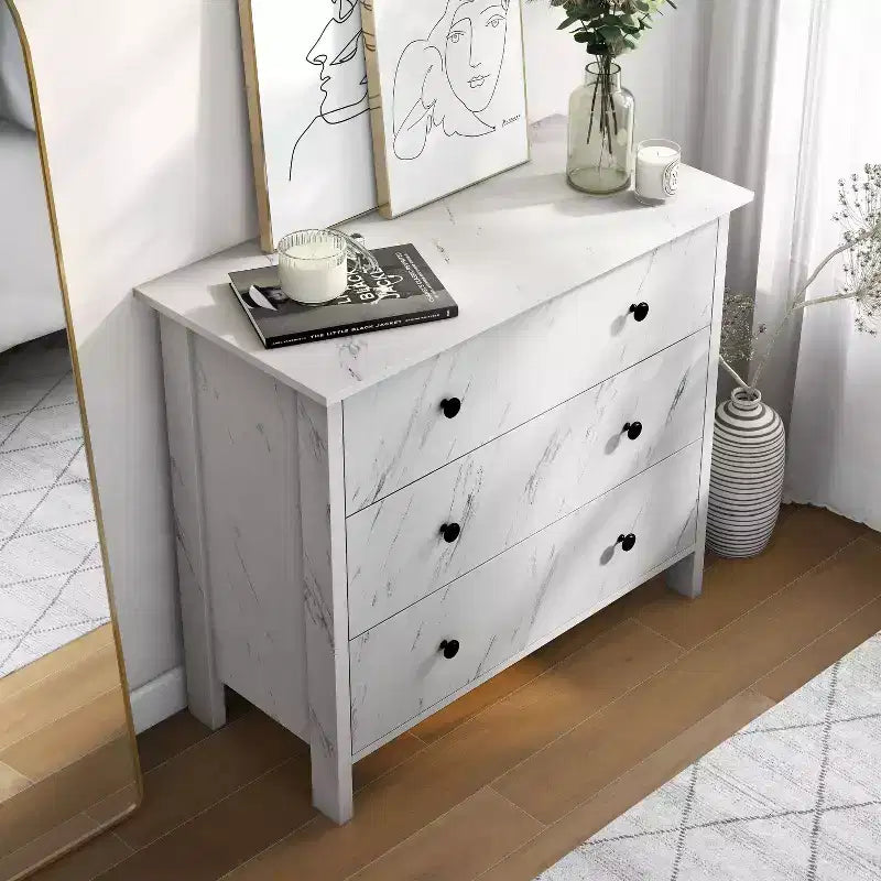 Fichte Transitional 3 Drawer Faux Marble Dresser White Marble - miBasics: Elegant Storage, MDF & Particle Board Construction