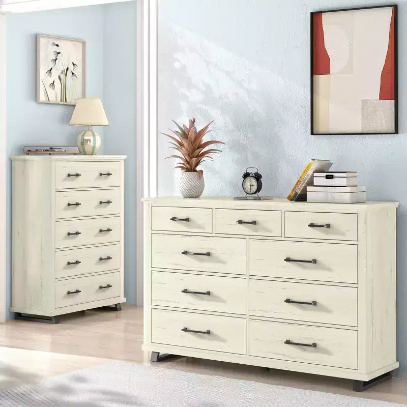 Festivo 2pz Cassettiera Contemporanea a 9 Cassetti e Comodino a 5 Cassetti da 38" Set Bianco Sporco Effetto Segato: Mobile Contenitore per Camera da Letto con Montaggio da Adulti Richiesto