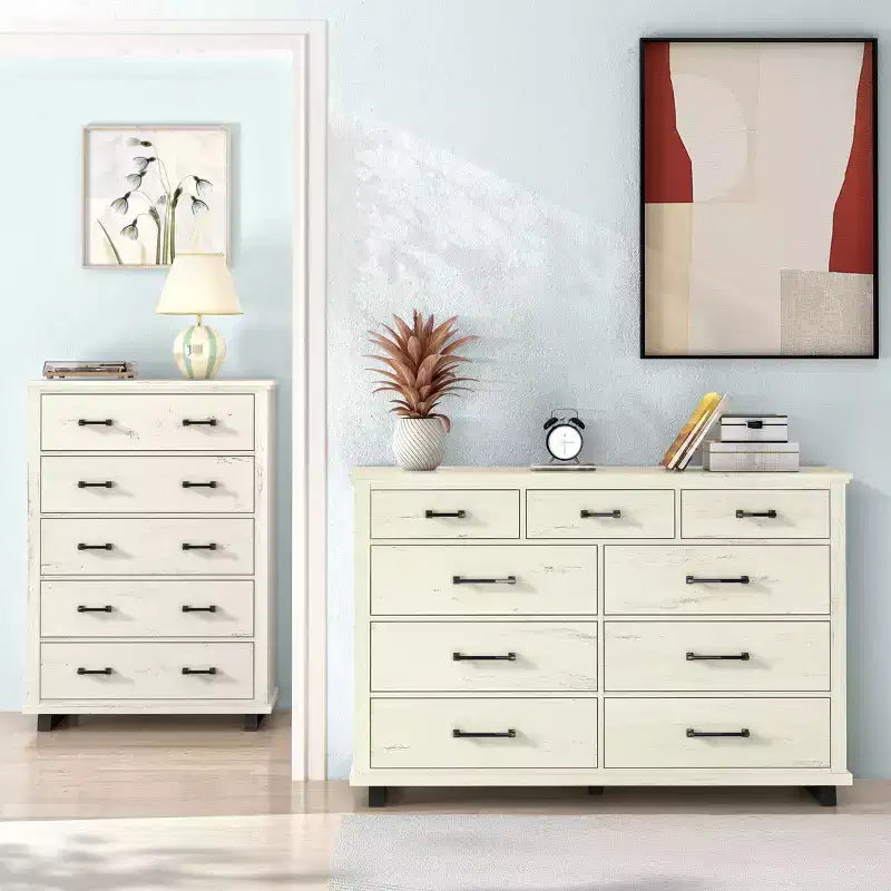 Festivo 2pz Cassettiera Contemporanea a 9 Cassetti e Comodino a 5 Cassetti da 38" Set Bianco Sporco Effetto Segato: Mobile Contenitore per Camera da Letto con Montaggio da Adulti Richiesto