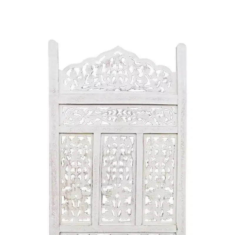 The Urban Port Aesthetically Carved 4 Panel Wooden Partition Screen/Room Divider Distressed White