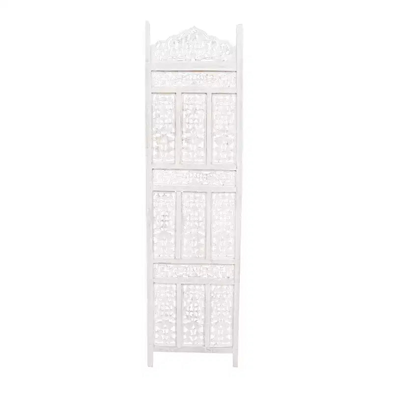 The Urban Port Aesthetically Carved 4 Panel Wooden Partition Screen/Room Divider Distressed White