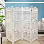 The Urban Port Aesthetically Carved 4 Panel Wooden Partition Screen/Room Divider Distressed White