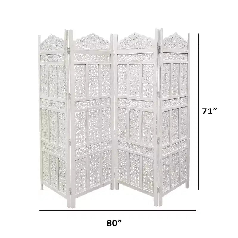 The Urban Port Aesthetically Carved 4 Panel Wooden Partition Screen/Room Divider Distressed White