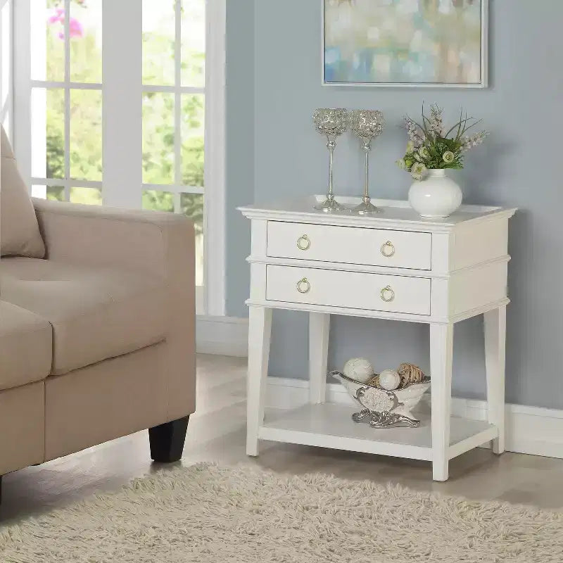 Comfort Pointe Clara Nightstand White: Recessed Top, 2 Drawers, Open Shelf, Painted MDF, Wood Frame