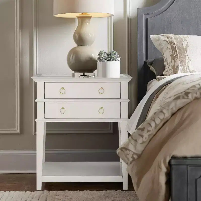 Comfort Pointe Clara Nightstand White: Recessed Top, 2 Drawers, Open Shelf, Painted MDF, Wood Frame