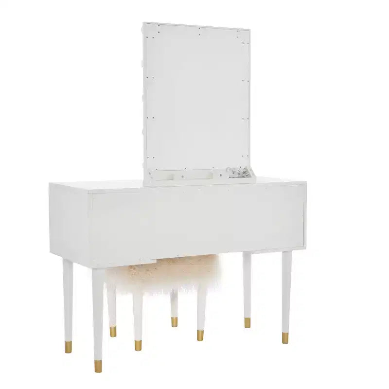 Geo Solid Wood 5 Drawer Vanity with Lighted Mirror & Stool Set - Linon: Hollywood Glam Style