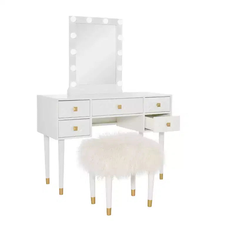 Geo Solid Wood 5 Drawer Vanity with Lighted Mirror & Stool Set - Linon: Hollywood Glam Style