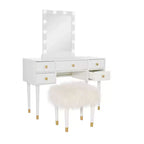 Geo Solid Wood 5 Drawer Vanity with Lighted Mirror & Stool Set - Linon: Hollywood Glam Style