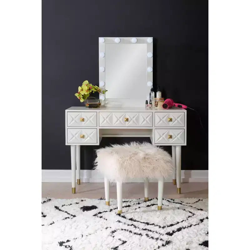 Geo Solid Wood 5 Drawer Vanity with Lighted Mirror & Stool Set - Linon: Hollywood Glam Style