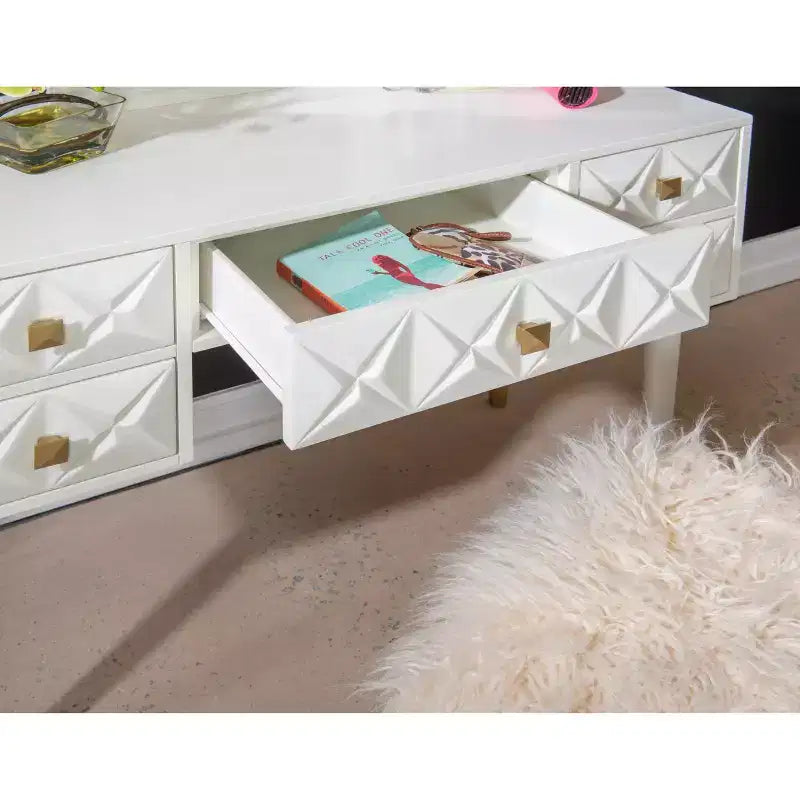 Geo Solid Wood 5 Drawer Vanity with Lighted Mirror & Stool Set - Linon: Hollywood Glam Style