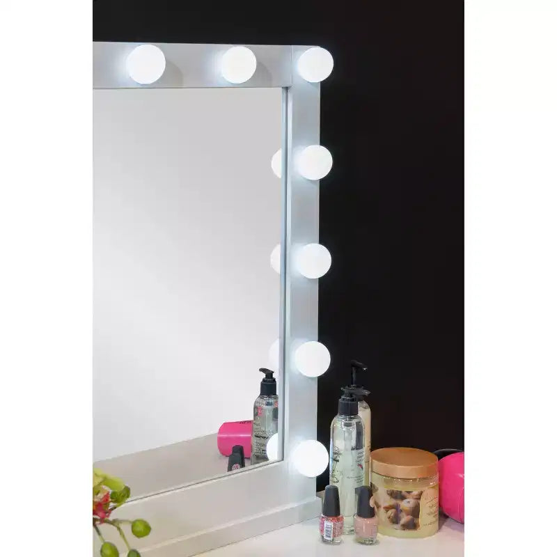 Geo Solid Wood 5 Drawer Vanity with Lighted Mirror & Stool Set - Linon: Hollywood Glam Style