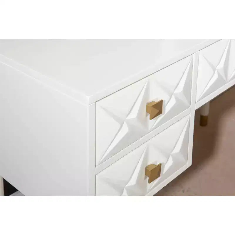 Geo Solid Wood 5 Drawer Vanity with Lighted Mirror & Stool Set - Linon: Hollywood Glam Style
