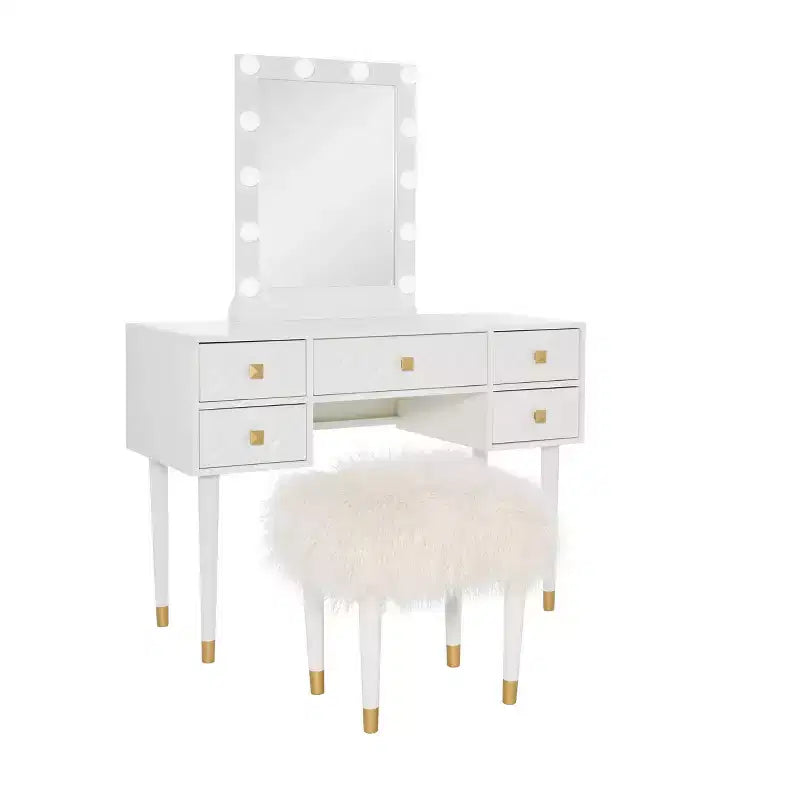 Geo Solid Wood 5 Drawer Vanity with Lighted Mirror & Stool Set - Linon: Hollywood Glam Style