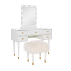 Geo Solid Wood 5 Drawer Vanity with Lighted Mirror & Stool Set - Linon: Hollywood Glam Style