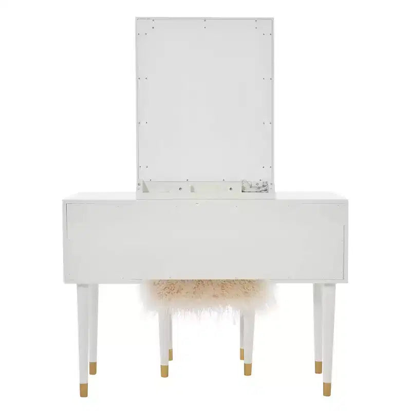 Geo Solid Wood 5 Drawer Vanity with Lighted Mirror & Stool Set - Linon: Hollywood Glam Style