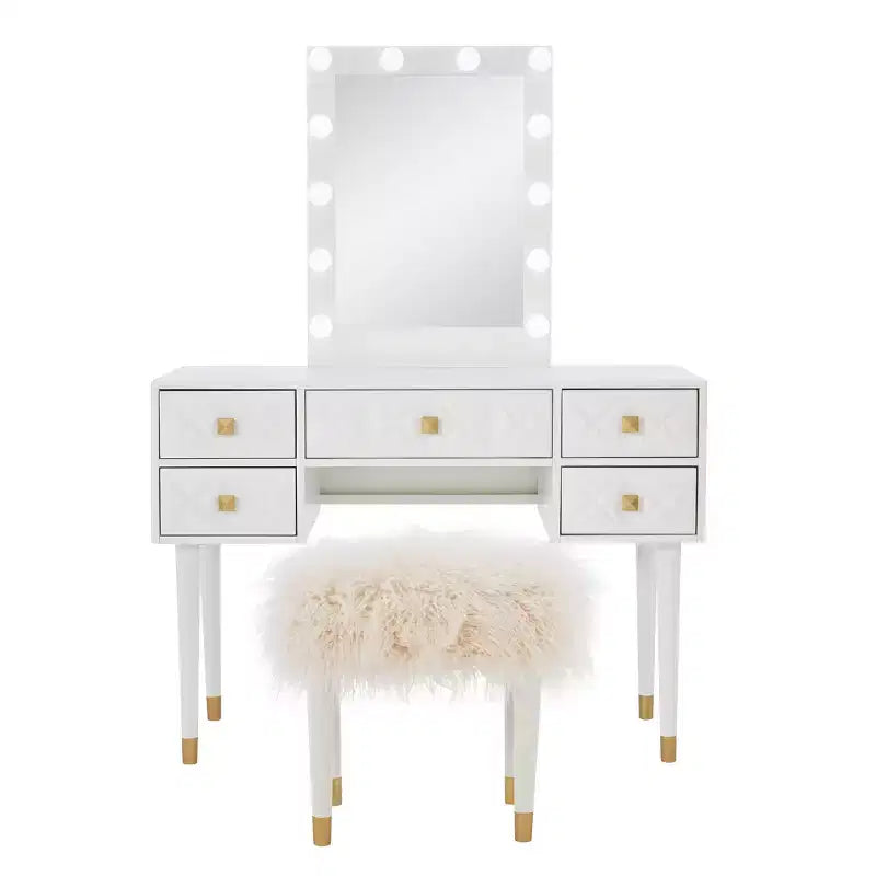 Geo Solid Wood 5 Drawer Vanity with Lighted Mirror & Stool Set - Linon: Hollywood Glam Style
