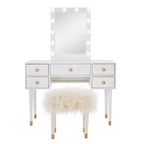 Geo Solid Wood 5 Drawer Vanity with Lighted Mirror & Stool Set - Linon: Hollywood Glam Style