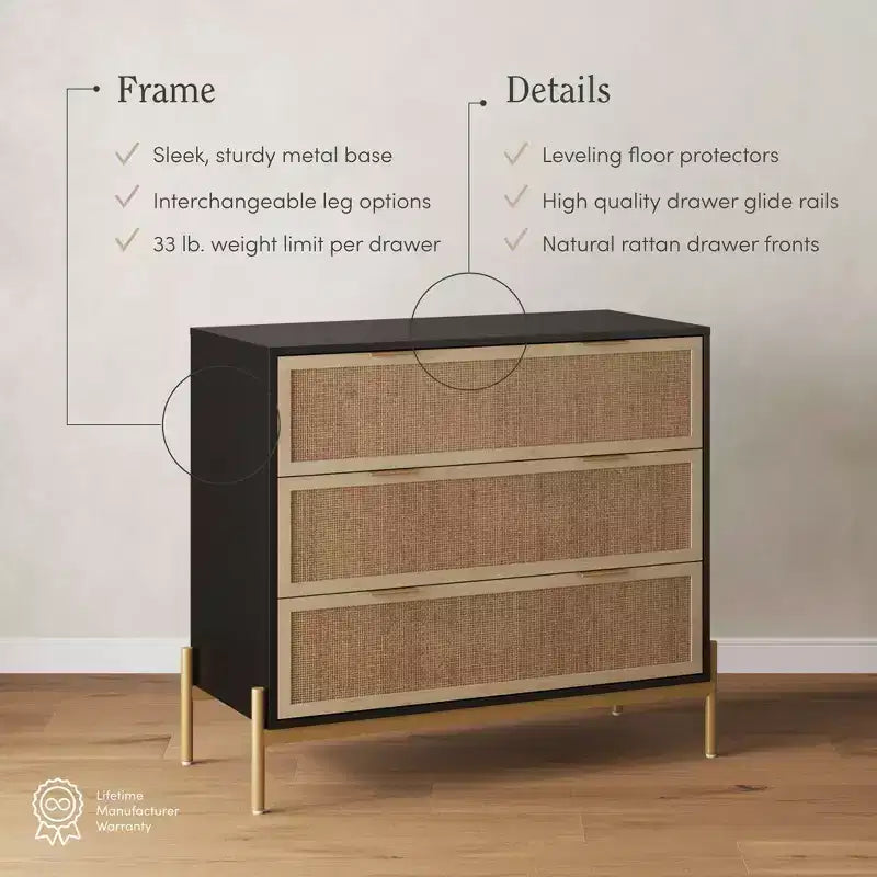 Nathan James Andrew Comò a 3 cassetti in rattan nero/rovere chiaro