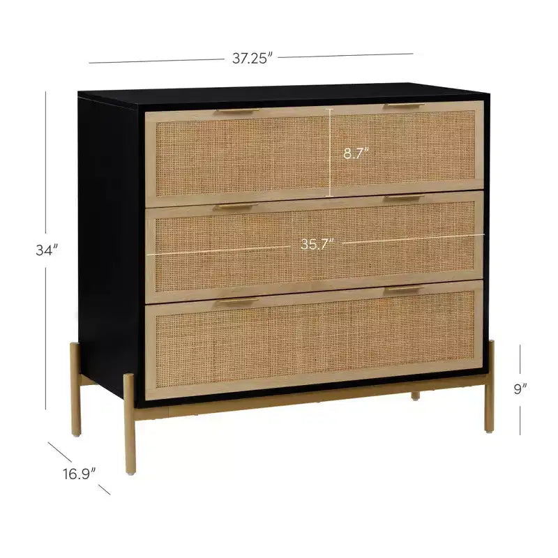 Nathan James Andrew Comò a 3 cassetti in rattan nero/rovere chiaro
