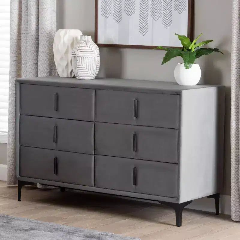 Baxton Studio Etienne Velvet 6 Drawer Dresser Slate Gray/Black