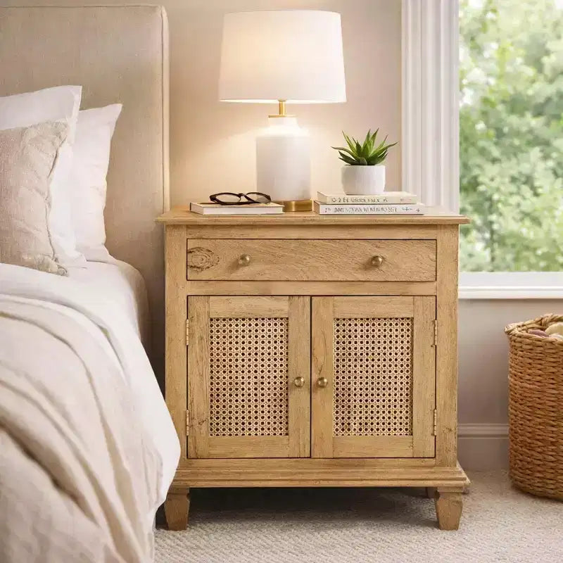 The Urban Port 30" Nightstand Table Rattan Cabinet Doors and Drawer Fronts Sandblasted Brown Mango Wood Brown