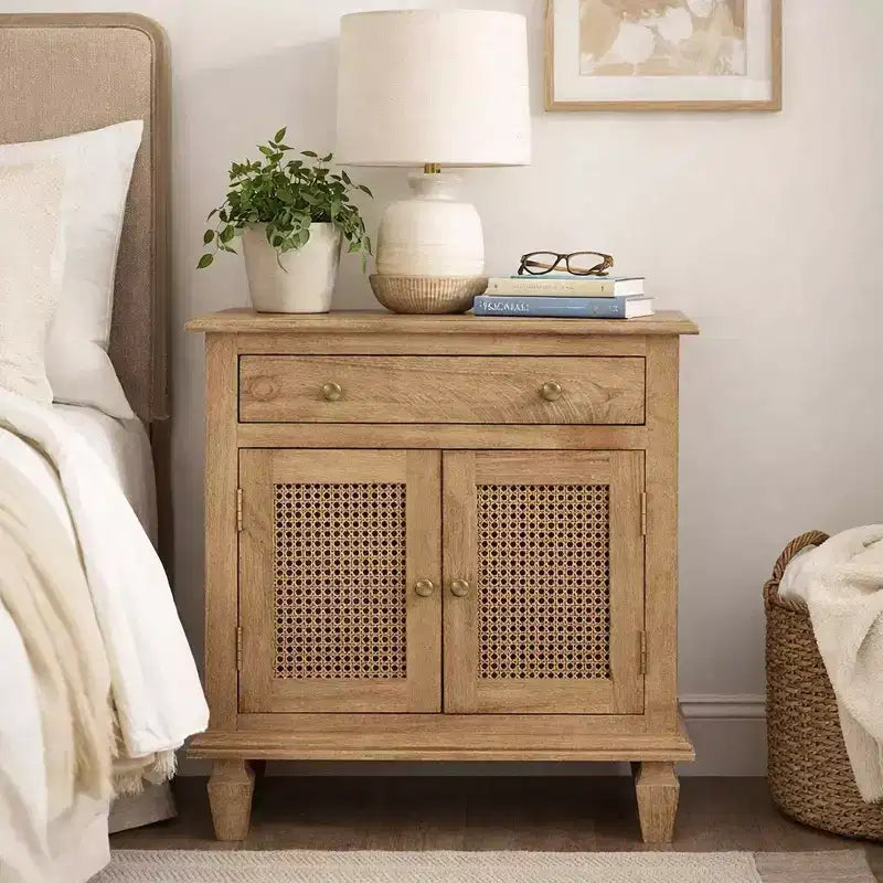The Urban Port 30" Nightstand Table Rattan Cabinet Doors and Drawer Fronts Sandblasted Brown Mango Wood Brown