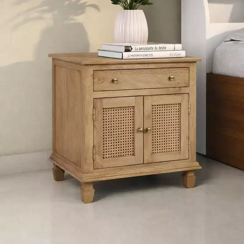 The Urban Port 30" Nightstand Table Rattan Cabinet Doors and Drawer Fronts Sandblasted Brown Mango Wood Brown