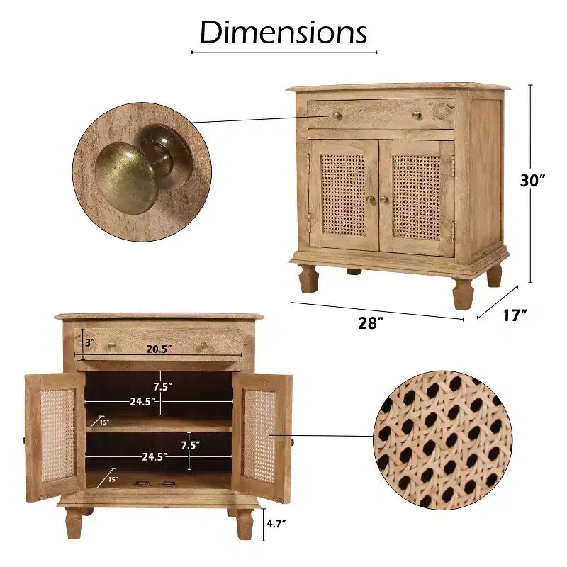 The Urban Port 30" Nightstand Table Rattan Cabinet Doors and Drawer Fronts Sandblasted Brown Mango Wood Brown