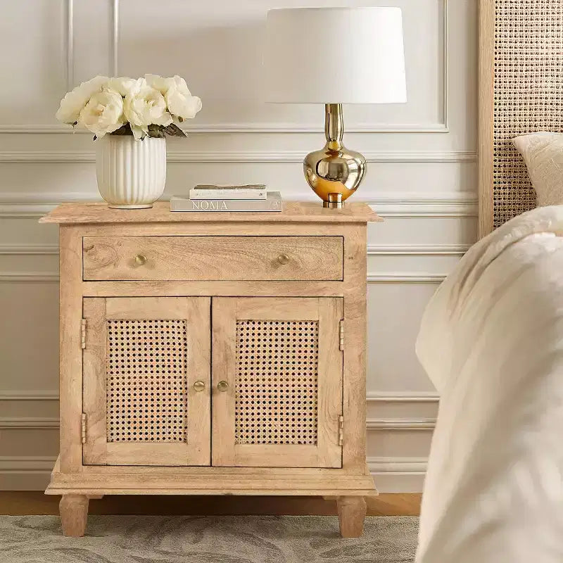 The Urban Port 30" Nightstand Table Rattan Cabinet Doors and Drawer Fronts Sandblasted Brown Mango Wood Brown