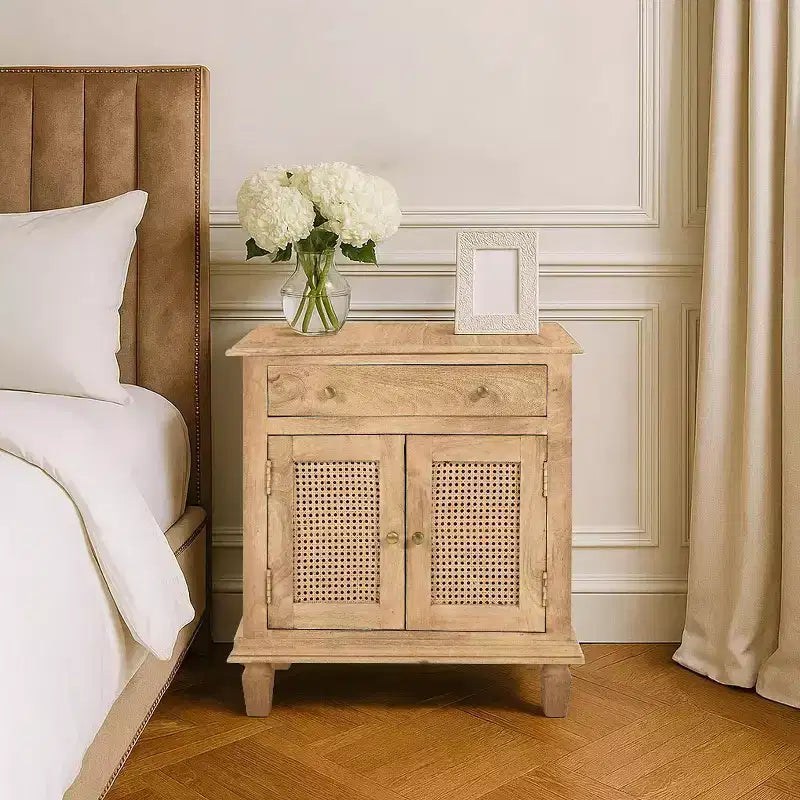 The Urban Port 30" Nightstand Table Rattan Cabinet Doors and Drawer Fronts Sandblasted Brown Mango Wood Brown