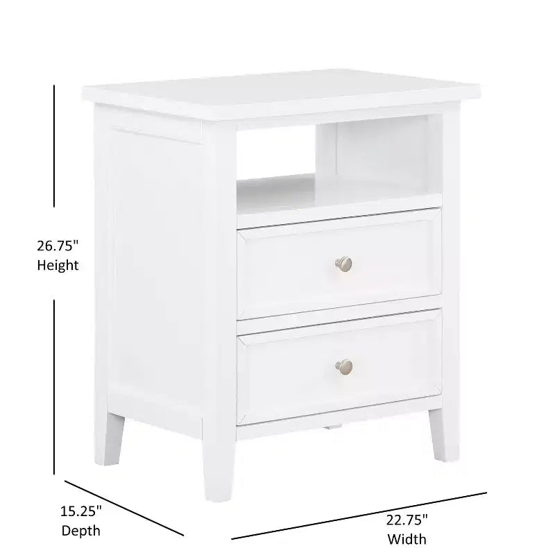 Comfort Pointe Walker Nightstand White: Poplar Wood, Nickel Knobs, Metal Ball Bearing Glides