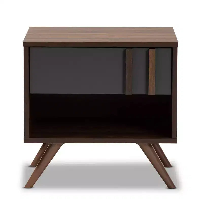 Comodino Naoki Bicolore Legno Grigio/Noce con 1 Cassetto - Baxton Studio: Contenitore Comodino, Gambe Oblique, Design Retrò