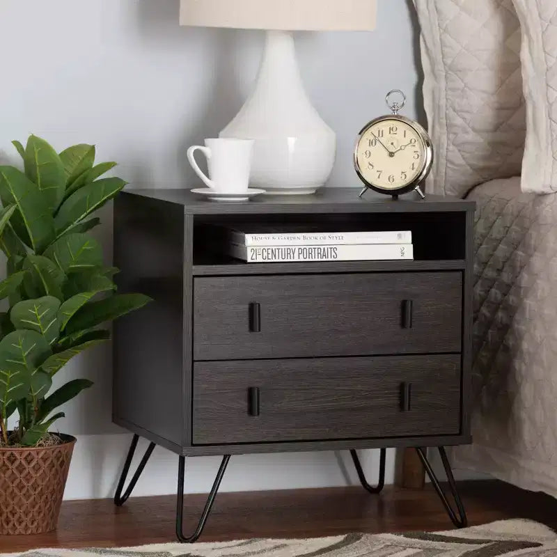 Glover Wood and Metal 2 Drawer Nightstand Brown/Black - Baxton Studio: Modern Bedside Furniture with Open Shelf