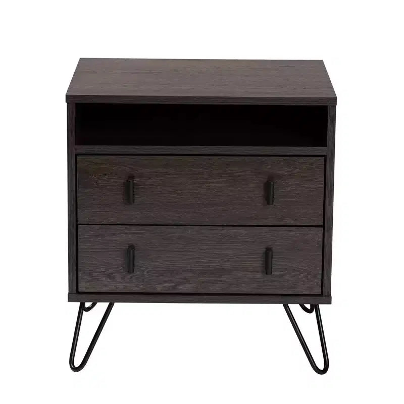 Glover Wood and Metal 2 Drawer Nightstand Brown/Black - Baxton Studio: Modern Bedside Furniture with Open Shelf