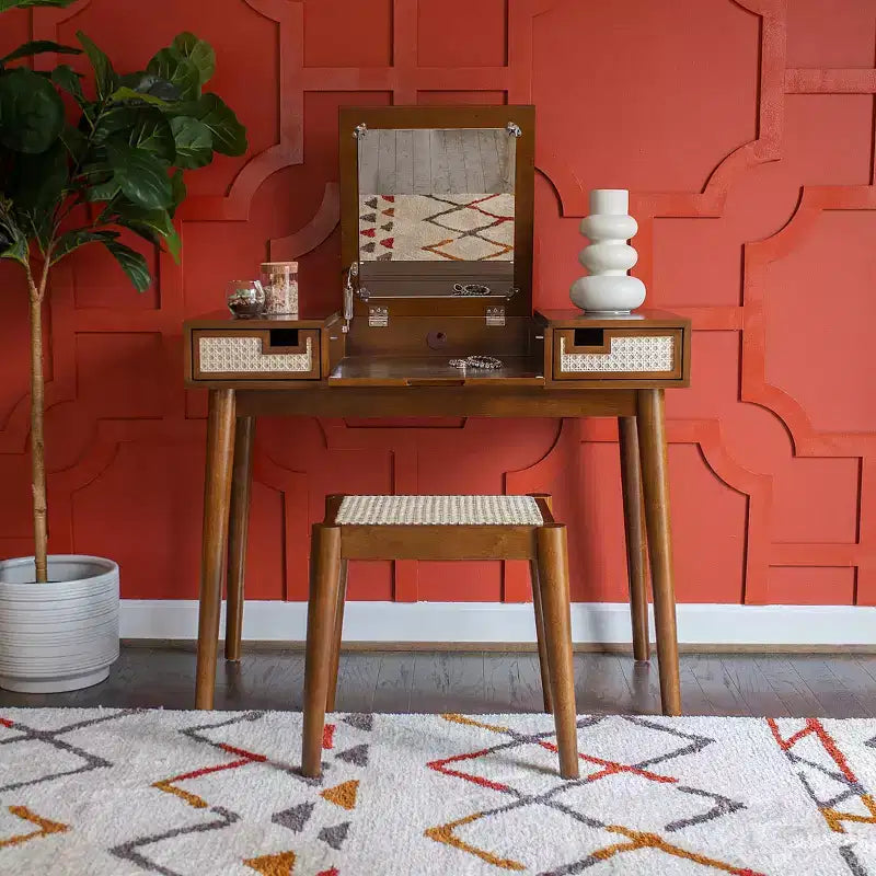 Linon Callie Solid Wood Vanity with Stool: Bohemian Design, Flip Mirror, Storage Space