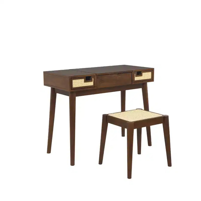 Linon Callie Solid Wood Vanity with Stool: Bohemian Design, Flip Mirror, Storage Space