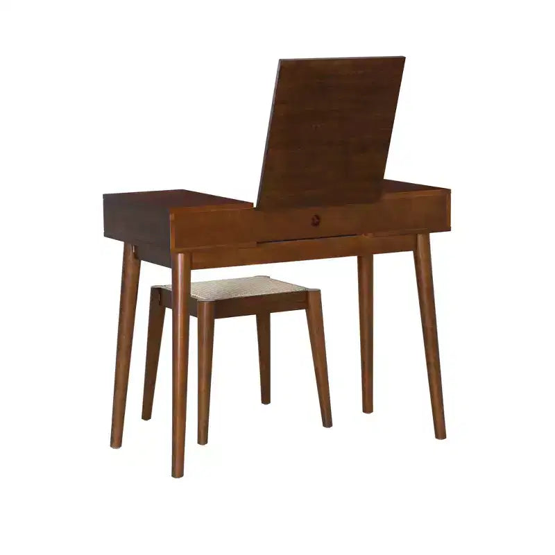 Linon Callie Solid Wood Vanity with Stool: Bohemian Design, Flip Mirror, Storage Space