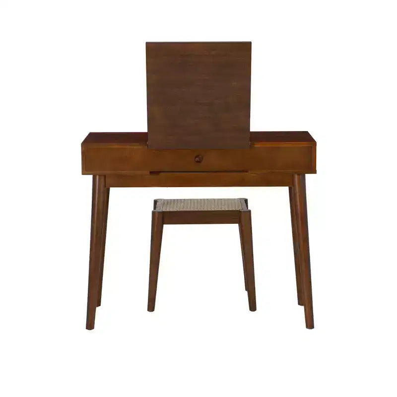 Linon Callie Solid Wood Vanity with Stool: Bohemian Design, Flip Mirror, Storage Space