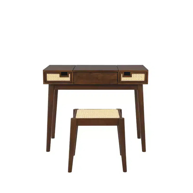 Linon Callie Solid Wood Vanity with Stool: Bohemian Design, Flip Mirror, Storage Space