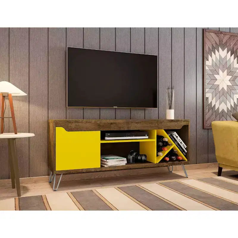 Manhattan Comfort Baxter TV Stand for TVs up to 50" Rustic Brown/Yellow - Manhattan Comfort: Mid-Century Modern Entertainment Center
